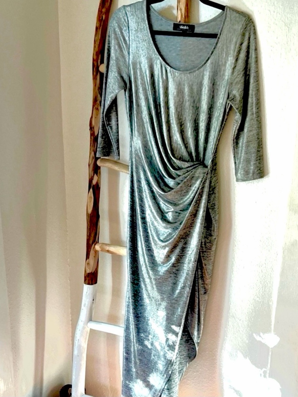 Lulu's Silver Knit 3/4 Sleeve Draped Asymmetrical Maxi Dress with High Slit M/L